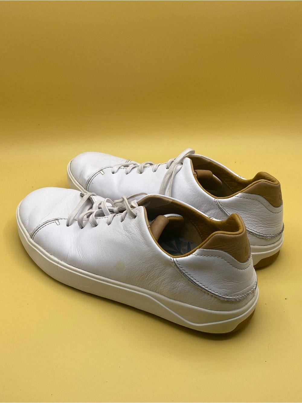 OluKai White Leather Sneakers with Tan Heel - Picture 3 of 5